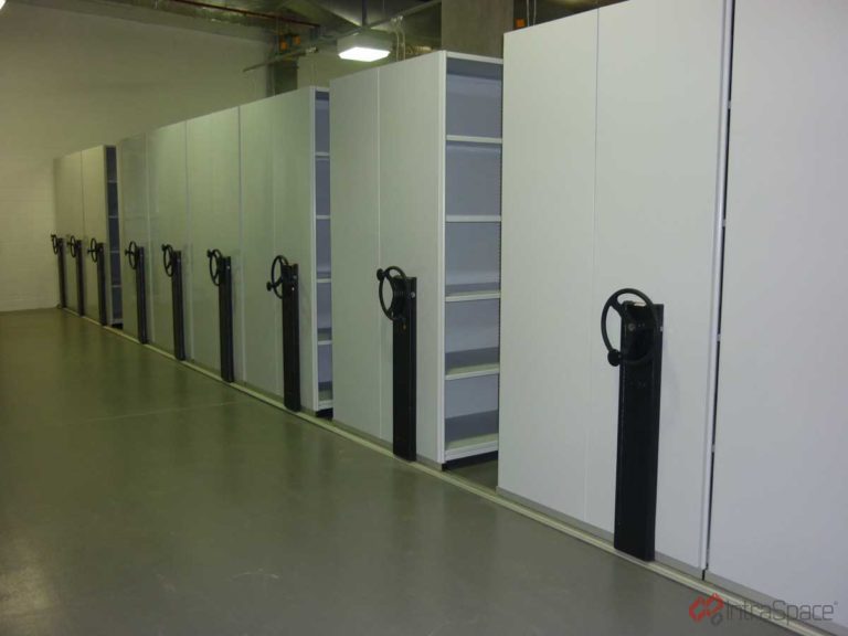 Interior photo of mobile shelving in La Trobe University installed by IntraSpace.
