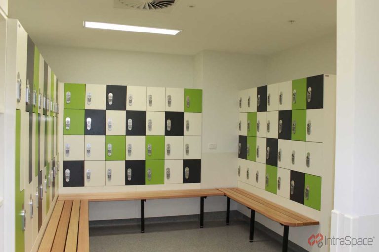 Laminate lockers with multi-colour doors installed by IntraSpace at Warringal Private Hospital.