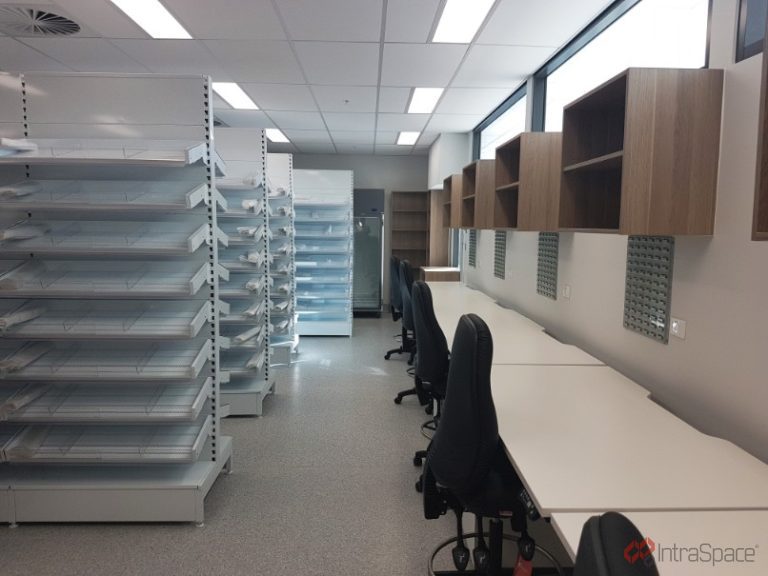 Pharmacy Shelving and desk shelving from IntraSpace for University of Canberra Hospital.