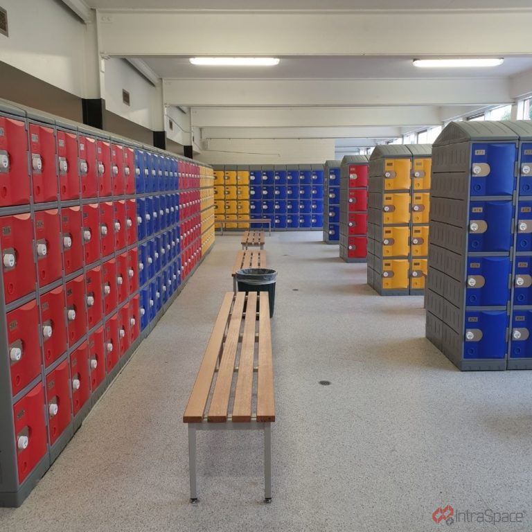 Plastic Lockers with multiple coloured doors installed by IntraSpace at Scotch College changerooms.