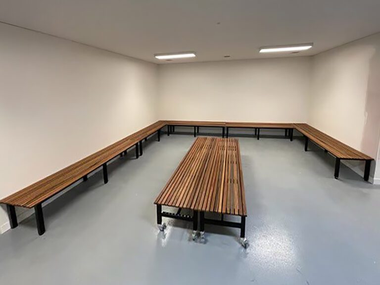IntraSpace fixed bench seating and also with castors inside one of the change rooms in the Mildura Sporting Precinct.