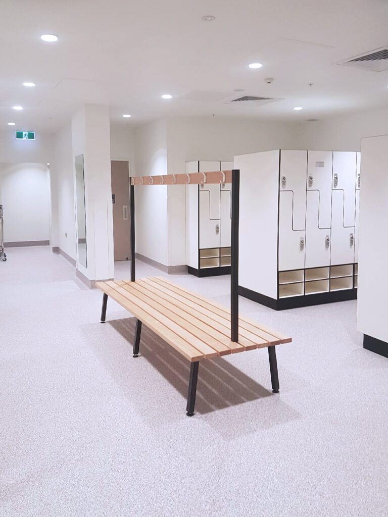 Laminate Lockers and bench seating build and install by IntraSpace for Gold Coast Private Hospital.